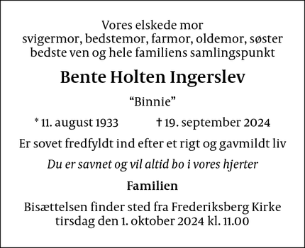 Dødsannoncen for Bente Holten Ingerslev - Valby