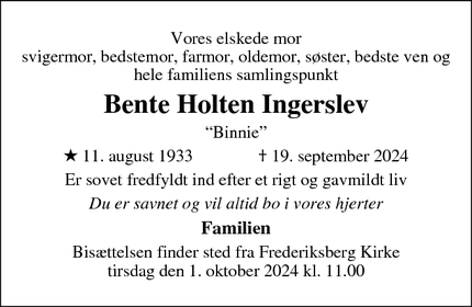 Dødsannoncen for Bente Holten Ingerslev - Valby