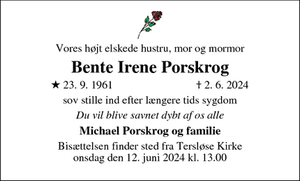 Dødsannoncen for Bente Irene Porskrog - Dianalund