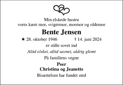 Dødsannoncen for Bente Jensen - Båring, Asperup