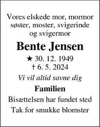 Dødsannoncen for Bente Jensen - Esbjerg