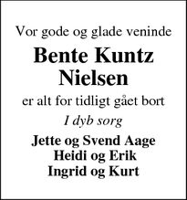 Dødsannoncen for Bente Kuntz Nielsen - Vinderup