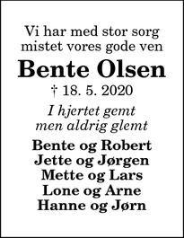 Dødsannoncen for Bente Olsen - Bindslev