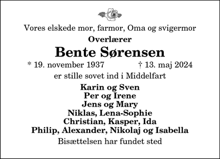 Dødsannoncen for Bente Sørensen - Middelfart