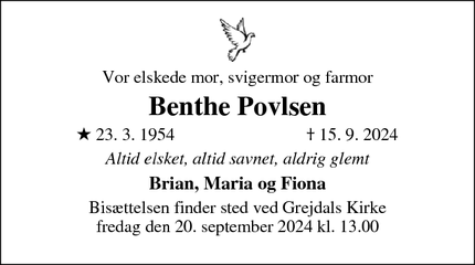 Dødsannoncen for Benthe Povlsen - vejle