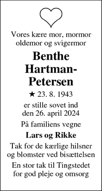 Dødsannoncen for Benthe
Hartman-Petersen - Herfølge