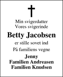 Dødsannoncen for Betty Jacobsen - Ørnhøj