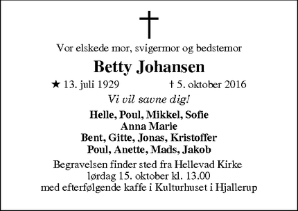 Dødsannoncen for Betty Johansen - Dronninglund