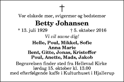 Dødsannoncen for Betty Johansen - Dronninglund