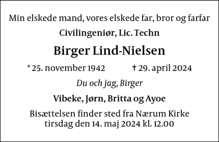 Dødsannoncen for Birger Lind-Nielsen - Allerød