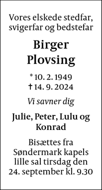 Dødsannoncen for Birger Plovsing - København