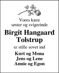 Dødsannoncen for Birgit Hangaard
Tolstrup - IKAST