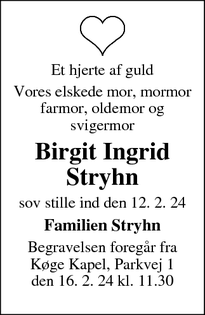 Dødsannoncen for Birgit Ingrid
Stryhn - Steøby Egede