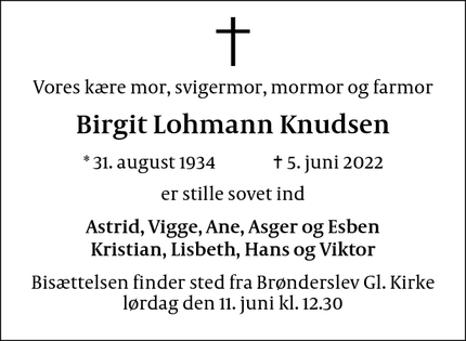 Dødsannoncen for Birgit Lohmann Knudsen - Brønderslev