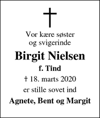 Dødsannoncen for Birgit Nielsen - Aalestrup