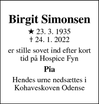 Dødsannoncen for Birgit Simonsen - Odense