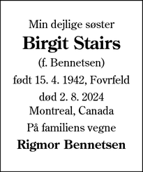 Dødsannoncen for Birgit Stairs - Montreal, Canada