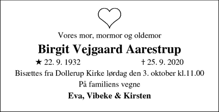 Dødsannoncen for Birgit Vejgaard Aarestrup - Dollerup