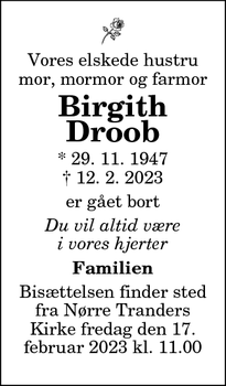 Dødsannoncen for Birgith
Droob - Aalborg