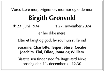 Dødsannoncen for Birgith Grønvold - Bagsværd