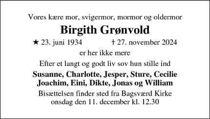 Dødsannoncen for Birgith Grønvold - Bagsværd