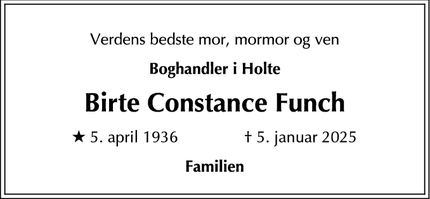 Dødsannoncen for Birte Constance Funch - Kokkedal 