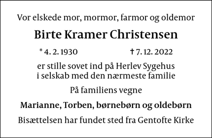 Dødsannoncen for Birte Kramer Christensen - Vejby