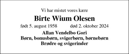 Dødsannoncen for Birte Wium Olesen - Haderslev