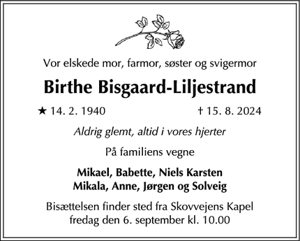 Dødsannoncen for Birthe Bisgaard-Liljestrand - Værløse