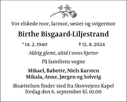 Dødsannoncen for Birthe Bisgaard-Liljestrand - Værløse