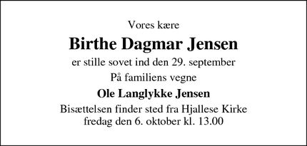 Dødsannoncen for Birthe Dagmar Jensen - odense