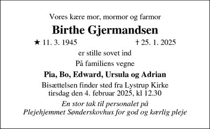 Dødsannoncen for Birthe Gjermandsen - Aarhus