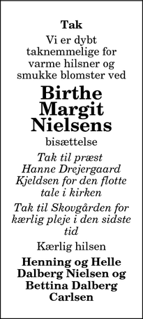 Taksigelsen for Birthe Margit Nielsens - ingen