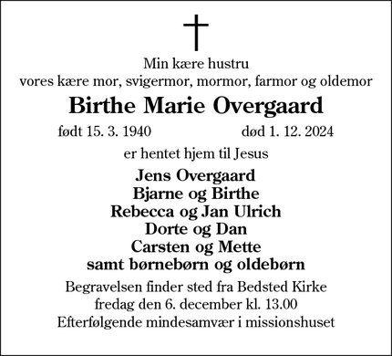 Dødsannoncen for Birthe Marie Overgaard - Rødekro