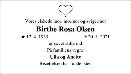 Dødsannoncen for Birthe Rosa Olsen - Allerød