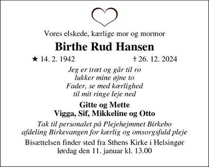 Dødsannoncen for Birthe Rud Hansen - Helsingør