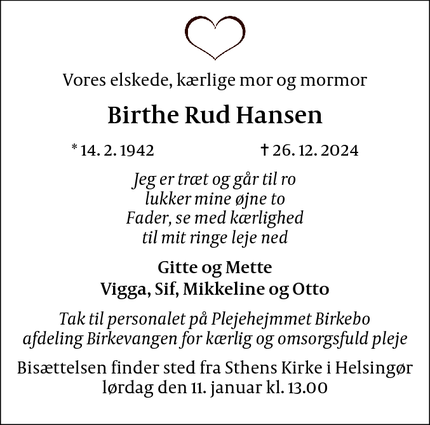 Dødsannoncen for Birthe Rud Hansen - Helsingør