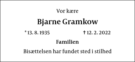 Dødsannoncen for Bjarne Gramkow - 4300Holbæk