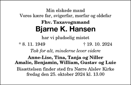 Dødsannoncen for Bjarne K. Hansen - Nr. Alslev