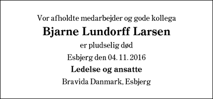 Dødsannoncen for Bjarne Lundorff Larsen - Esbjerg