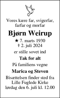 Dødsannoncen for Bjørn Weirup - Frederiksberg