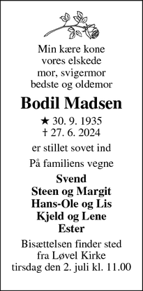 Dødsannoncen for Bodil Madsen - TJELE