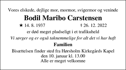 Dødsannoncen for Bodil Maribo Carstensen - Hørsholm