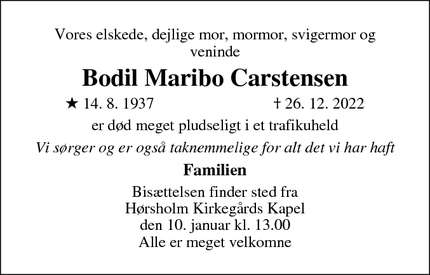 Dødsannoncen for Bodil Maribo Carstensen - Hørsholm