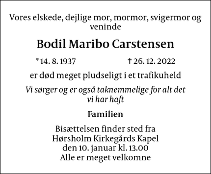 Dødsannoncen for Bodil Maribo Carstensen - Hørsholm