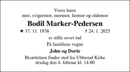 Dødsannoncen for Bodil Marker-Pedersen - Odense