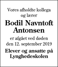 Dødsannoncen for Bodil Navntoft
Antonsen - 7223 Give 