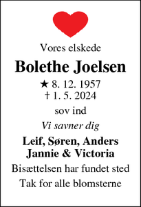 Dødsannoncen for Bolethe Joelsen - Svebølle