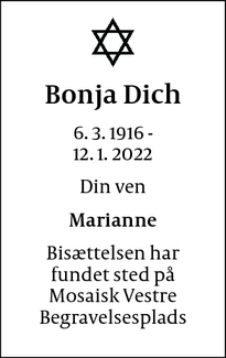 Dødsannoncen for Bonja Dich - Bagsværd