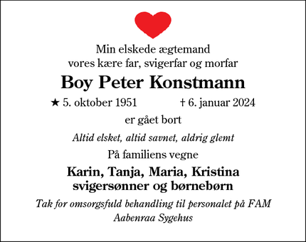 Dødsannoncen for Boy Peter Konstmann - Haderslev